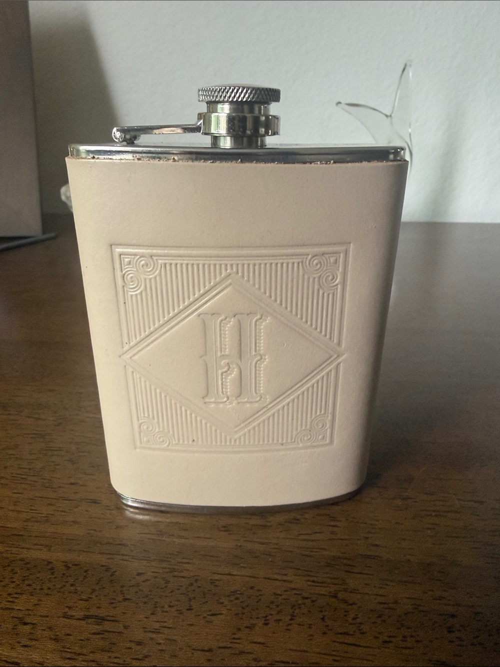 Embossed Cream Leather Hip Flask